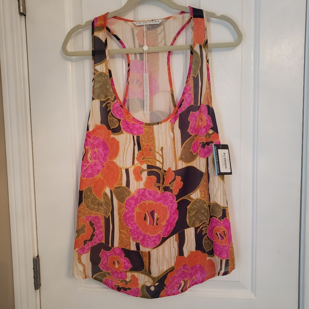 Trina Turk Size L Pink, Navy and Orange Graphic Racerback Silk Tank Top